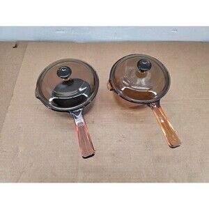 Vintage Vision Corning Sauce Pan Pot w/Pyrex Lid Amber Glass Cookware 2 of